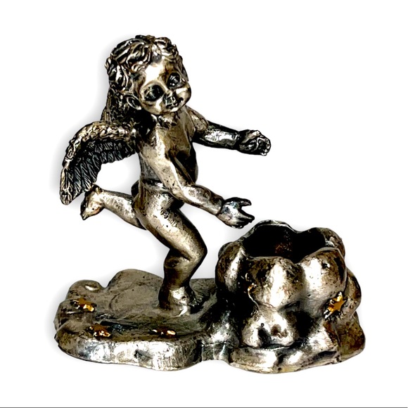 Accents Vintage Sop Pewter Angel Candlestick Holder Baby Cherub On